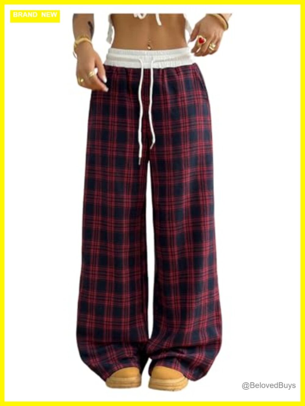 Women's Plaid Wide Leg Baggy Pants Y2k Drawstring Elastic Waist Trousers